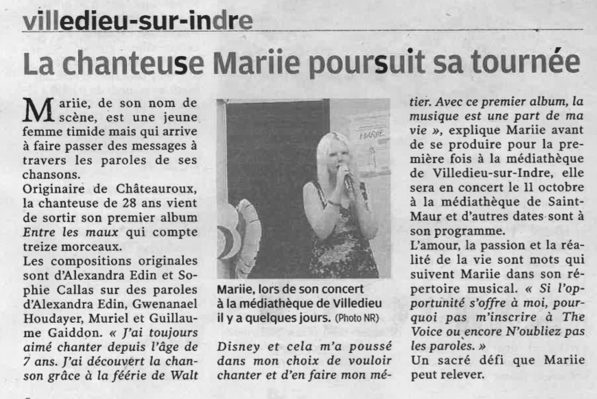 La chanteuse Marie poursuit sa tournée
